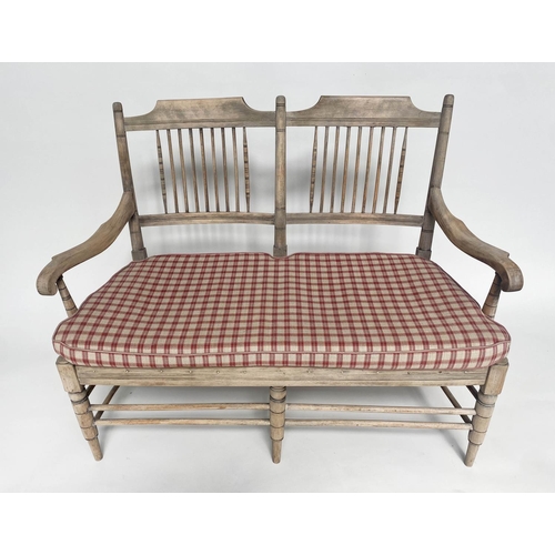 348 - HALL SEAT, 19th century English sycamore framed and mesh seated with raspberry check cushions, 117cm... 