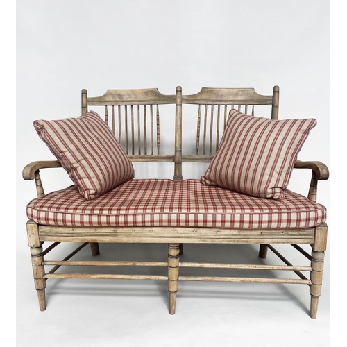 348 - HALL SEAT, 19th century English sycamore framed and mesh seated with raspberry check cushions, 117cm... 