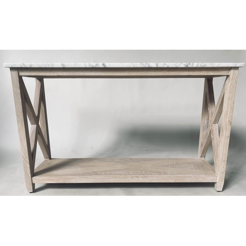 375 - NEPTUNE CONSOLE TABLE, rectangular veined white marble on solid oak X frame support, 125cm x 38cm x ... 