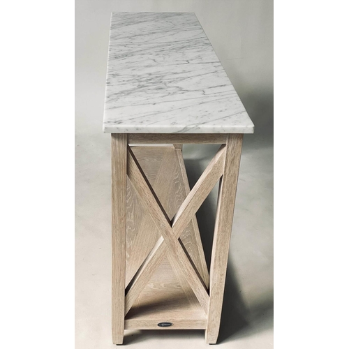 375 - NEPTUNE CONSOLE TABLE, rectangular veined white marble on solid oak X frame support, 125cm x 38cm x ... 