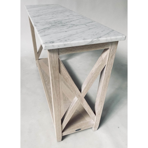 375 - NEPTUNE CONSOLE TABLE, rectangular veined white marble on solid oak X frame support, 125cm x 38cm x ... 