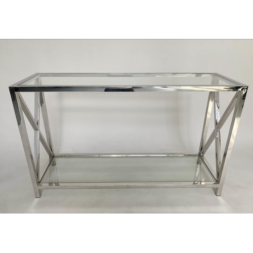 378 - CONSOLE TABLE, contemporary chrome and glass two tier, 130cm x 78cm H x 40cm.