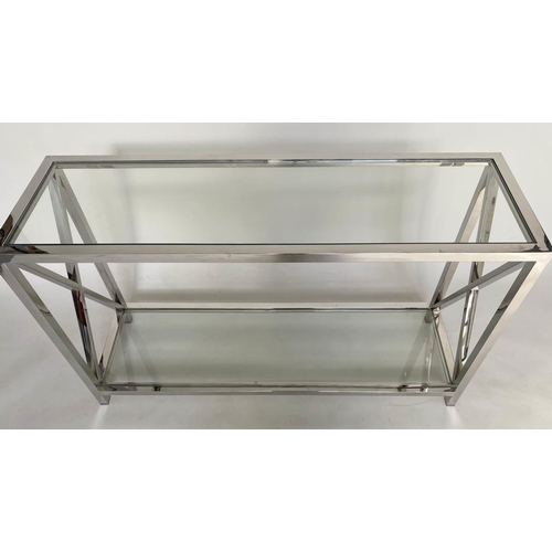 378 - CONSOLE TABLE, contemporary chrome and glass two tier, 130cm x 78cm H x 40cm.