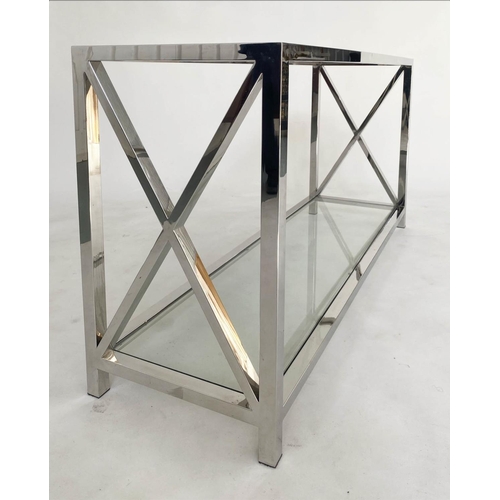 378 - CONSOLE TABLE, contemporary chrome and glass two tier, 130cm x 78cm H x 40cm.