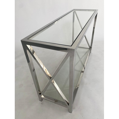 378 - CONSOLE TABLE, contemporary chrome and glass two tier, 130cm x 78cm H x 40cm.