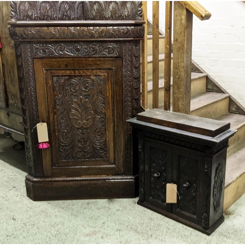 319 - FLOOR STANDING CORNER CUPBOARD, 91cm W x 144cm H x 51cm D late Victorian oak carved with a panelled ... 