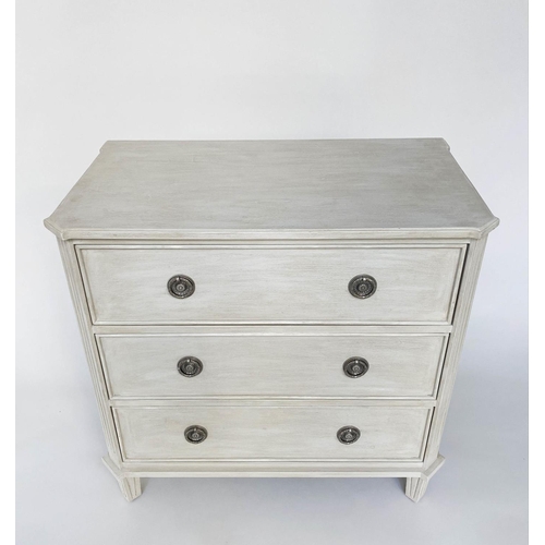 110 - GUSTAVIAN STYLE COMMODE, traditionally grey painted, silvered handles and three long drawers, 84cm W... 