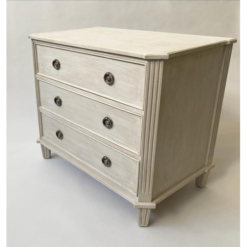 110 - GUSTAVIAN STYLE COMMODE, traditionally grey painted, silvered handles and three long drawers, 84cm W... 