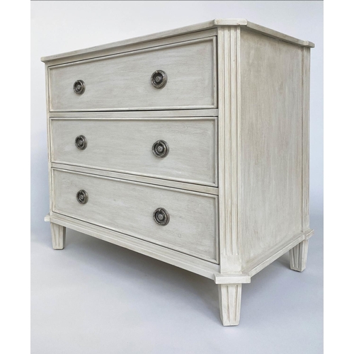 110 - GUSTAVIAN STYLE COMMODE, traditionally grey painted, silvered handles and three long drawers, 84cm W... 