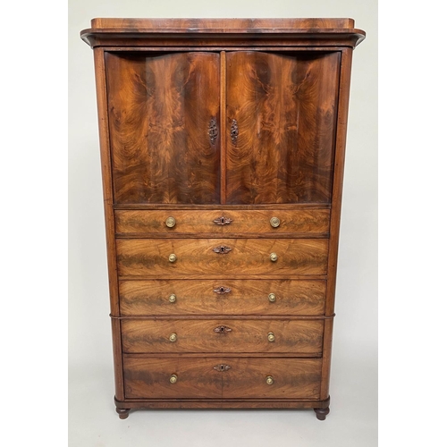 112 - SIDE CABINET, 19th century French flame mahogany with two curved and shaped doors above five drawers... 