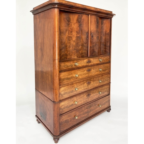 112 - SIDE CABINET, 19th century French flame mahogany with two curved and shaped doors above five drawers... 