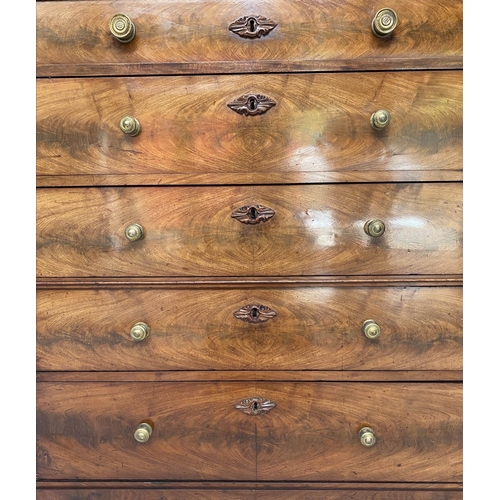 112 - SIDE CABINET, 19th century French flame mahogany with two curved and shaped doors above five drawers... 