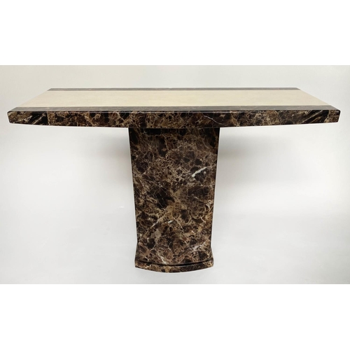 354 - CONSOLE TABLE, 1970s, two tone marble, cream and variegated brown, on plinth support, 110cm x 40cm x... 
