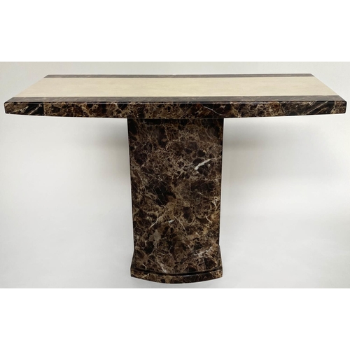 354 - CONSOLE TABLE, 1970s, two tone marble, cream and variegated brown, on plinth support, 110cm x 40cm x... 