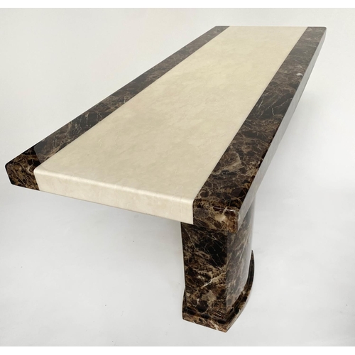354 - CONSOLE TABLE, 1970s, two tone marble, cream and variegated brown, on plinth support, 110cm x 40cm x... 