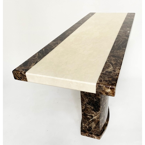 354 - CONSOLE TABLE, 1970s, two tone marble, cream and variegated brown, on plinth support, 110cm x 40cm x... 