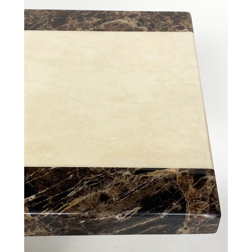 354 - CONSOLE TABLE, 1970s, two tone marble, cream and variegated brown, on plinth support, 110cm x 40cm x... 