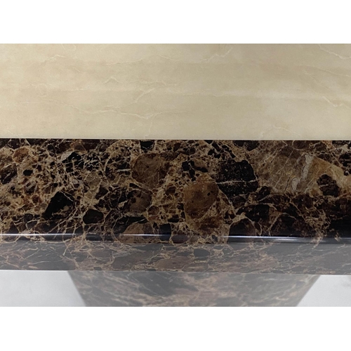 354 - CONSOLE TABLE, 1970s, two tone marble, cream and variegated brown, on plinth support, 110cm x 40cm x... 