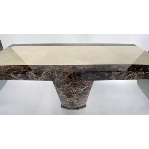 354 - CONSOLE TABLE, 1970s, two tone marble, cream and variegated brown, on plinth support, 110cm x 40cm x... 