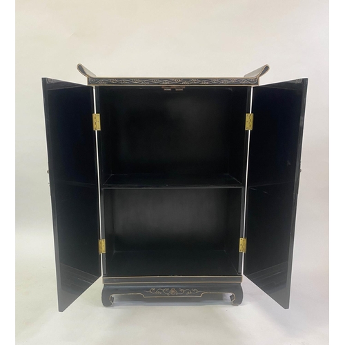 181 - SIDE CABINET, Chinese black lacquer with gilt Chinoiserie decoration and two doors, 71cm x 31cm x 10... 