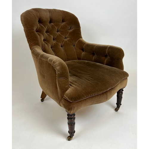 161 - VICTORIAN ARMCHAIR, dark olive velvet button back upholstered with turned front legs and castors, 87... 