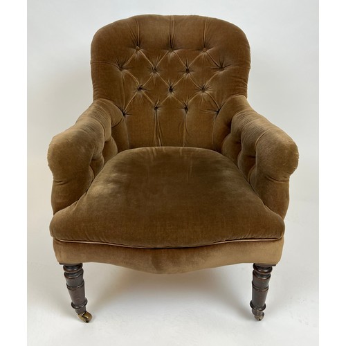 161 - VICTORIAN ARMCHAIR, dark olive velvet button back upholstered with turned front legs and castors, 87... 