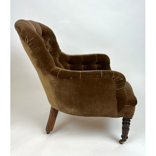 161 - VICTORIAN ARMCHAIR, dark olive velvet button back upholstered with turned front legs and castors, 87... 