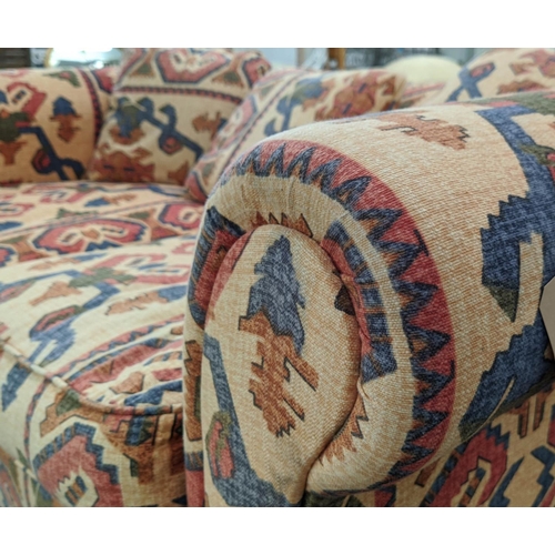 350 - SOFA, kilim style printed fabric upholstery, 70cm H x 153cm x 98cm.