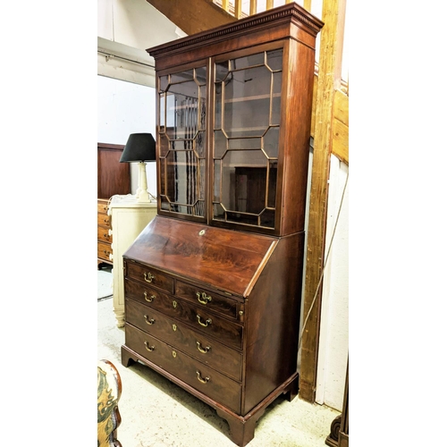 274 - BUREAU BOOKCASE, George III mahogany with two glazed doors enclosing shelves above a fall front, gre... 