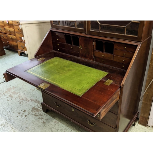 274 - BUREAU BOOKCASE, George III mahogany with two glazed doors enclosing shelves above a fall front, gre... 