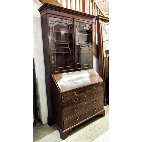 274 - BUREAU BOOKCASE, George III mahogany with two glazed doors enclosing shelves above a fall front, gre... 