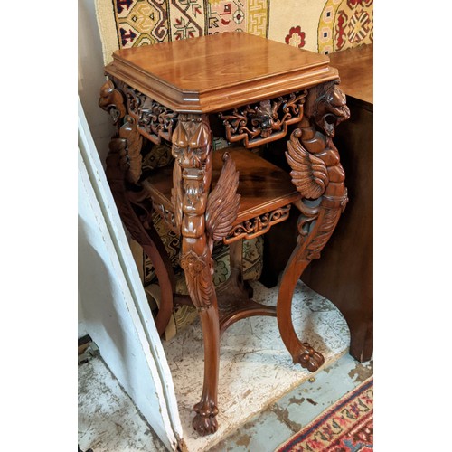 267 - JARDINIERE STAND, carved walnut in Chinese taste with decorative mythical winged beasts, 50cm W x 50... 