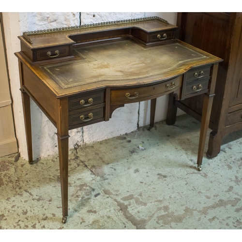 238 - WRITING TABLE, Edwardian mahogany, satinwood banded, line inlaid and brass mounted with green leathe... 