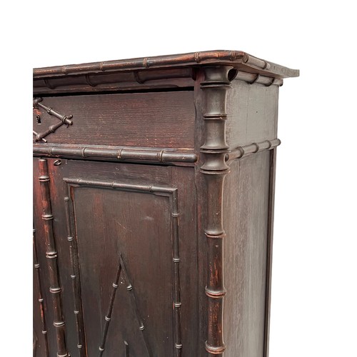 162 - FAUX BAMBOO CUPBOARD, 19th century French, single frieze drawer above two panel doors enclosing shel... 