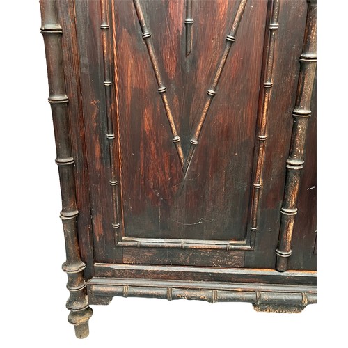 162 - FAUX BAMBOO CUPBOARD, 19th century French, single frieze drawer above two panel doors enclosing shel... 