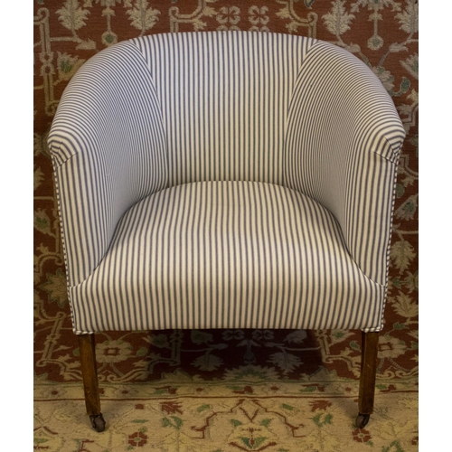 256 - TUB CHAIR, Edwardian mahogany in ticking on ceramic castors, 76cm H x 68cm x 62cm.