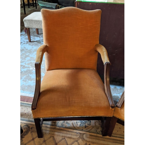 247 - GAINSBOROUGH ARMCHAIRS, a pair, 58cm x 92cm H, George III style in orange velvet with mahogany frame... 