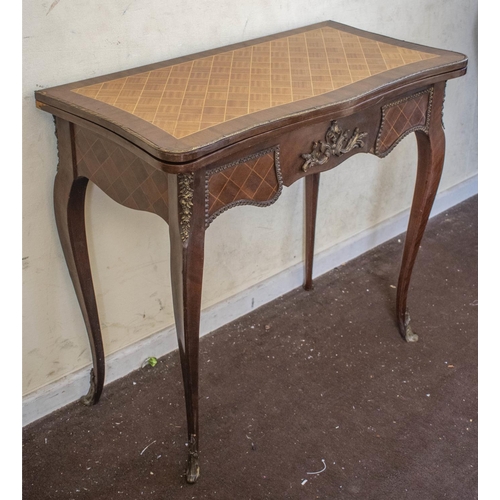 254 - SERPENTINE CARD TABLE, Louis XV style parquetry and brass mounted with green baize top, 76cm H x 84c... 