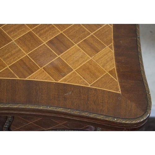 254 - SERPENTINE CARD TABLE, Louis XV style parquetry and brass mounted with green baize top, 76cm H x 84c... 