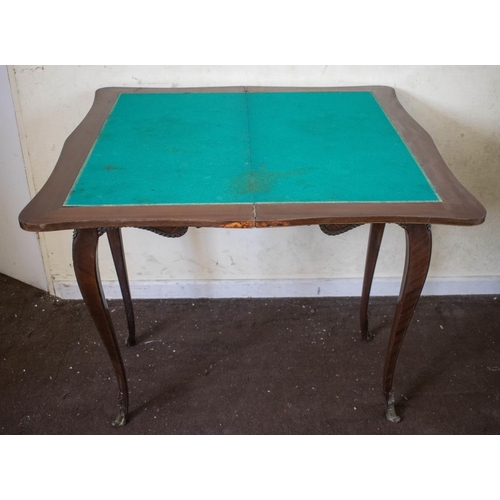 254 - SERPENTINE CARD TABLE, Louis XV style parquetry and brass mounted with green baize top, 76cm H x 84c... 