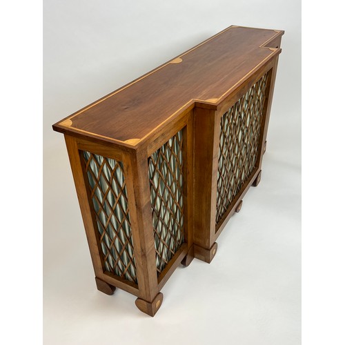 163 - BREAKFRONT CONSOLE TABLE, Regency design mahogany and boxwood inlaid with lattice detail, 73cm H x 1... 