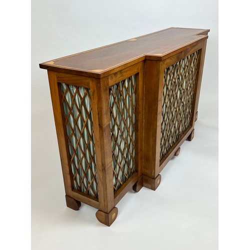 163 - BREAKFRONT CONSOLE TABLE, Regency design mahogany and boxwood inlaid with lattice detail, 73cm H x 1... 