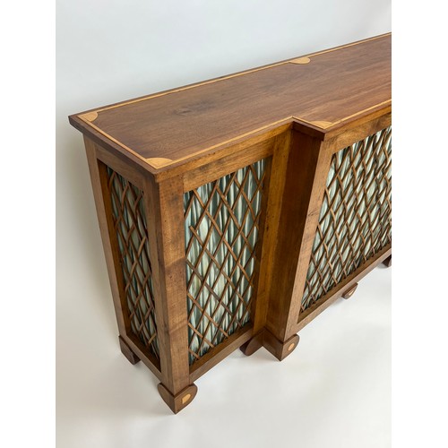 163 - BREAKFRONT CONSOLE TABLE, Regency design mahogany and boxwood inlaid with lattice detail, 73cm H x 1... 