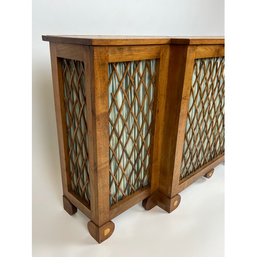 163 - BREAKFRONT CONSOLE TABLE, Regency design mahogany and boxwood inlaid with lattice detail, 73cm H x 1... 