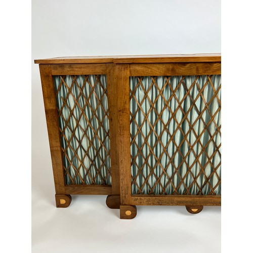 163 - BREAKFRONT CONSOLE TABLE, Regency design mahogany and boxwood inlaid with lattice detail, 73cm H x 1... 