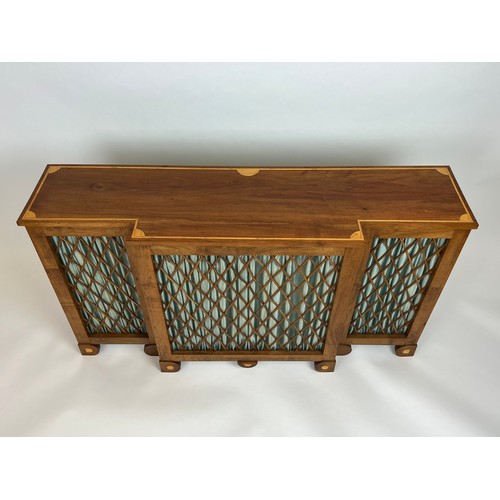 163 - BREAKFRONT CONSOLE TABLE, Regency design mahogany and boxwood inlaid with lattice detail, 73cm H x 1... 