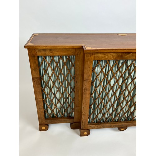 163 - BREAKFRONT CONSOLE TABLE, Regency design mahogany and boxwood inlaid with lattice detail, 73cm H x 1... 