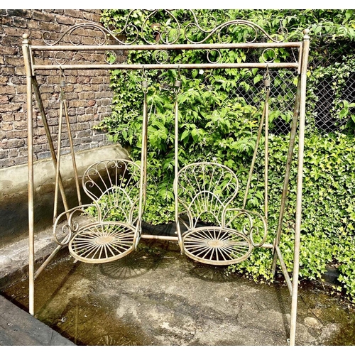 435 - ARCHITECTURAL GARDEN SWING, verdigris finish metal, supporting two seats, 228cm x 180cm x 90cm.