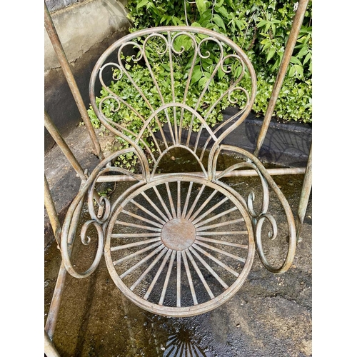 435 - ARCHITECTURAL GARDEN SWING, verdigris finish metal, supporting two seats, 228cm x 180cm x 90cm.