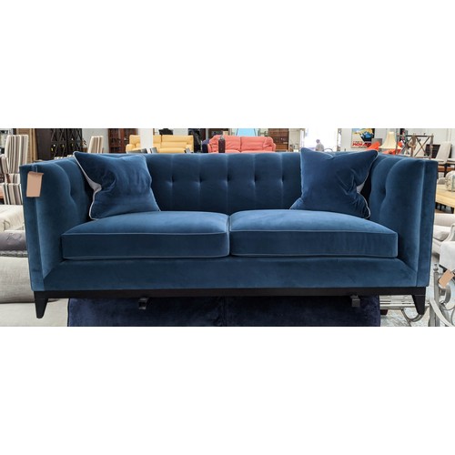 439 - SOFA, blue velvet button back design, 200cm x 90cm x 78cm.